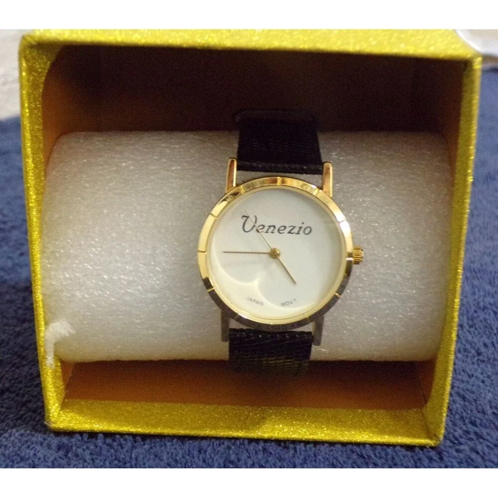 VTG‎ Men's Venezio Dress Classic Gold Tone White Black Leather Band In Gift Box